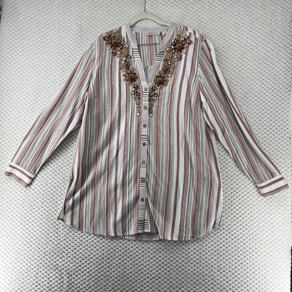 Soft Surroundings Embroidered Tunic Top Striped Button Down Blouse L‎ - Picture 1 of 7